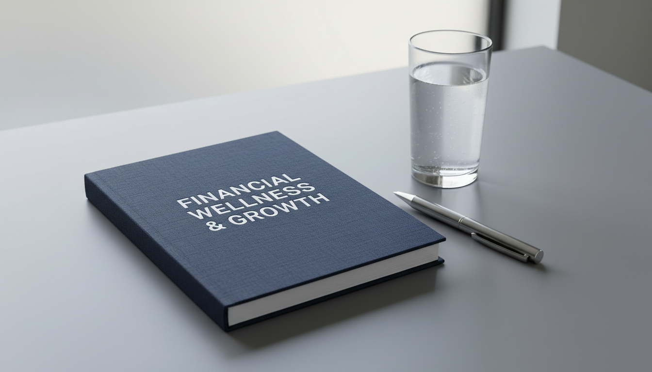 A spiral-bound financial planner with an embossed navy-blue linen cover, sitting atop a smooth matte grey desktop. Next to the planner lies an elegant chrome pen and a slim, clear glass of filtered water. Overhead, soft diffused daylight from a nearby frosted office window creates subtle highlights and faint reflections on the materials, while casting gentle shadows along the desk’s edge. The scene is calm and organized, exuding a professional and aspirational atmosphere. Photographed from a slightly elevated eye-level angle for a balanced, uncluttered composition with crisp focus throughout. The overall vibe is clean, modern, and structured, perfectly embodying a corporate yet inviting blog focused on finance and well-being.